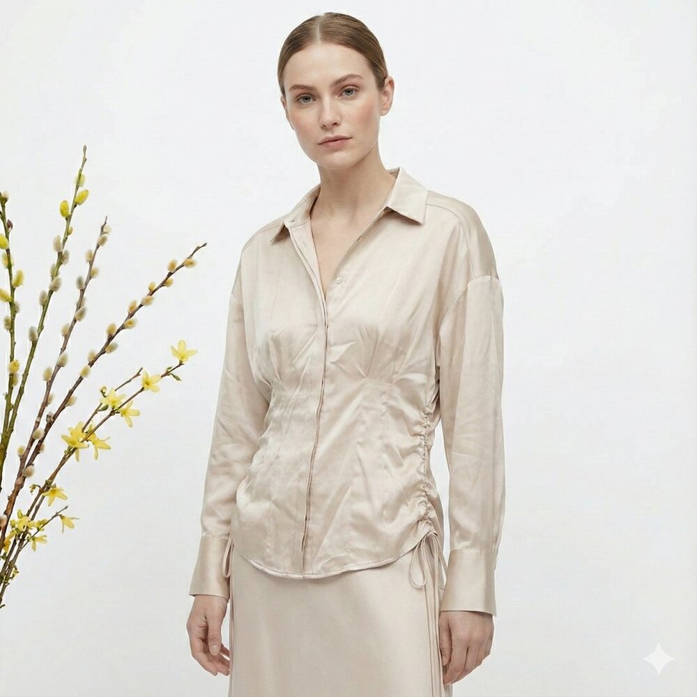 Zara Cream Satin Blouse | Button-Up Long Sleeve Shirt